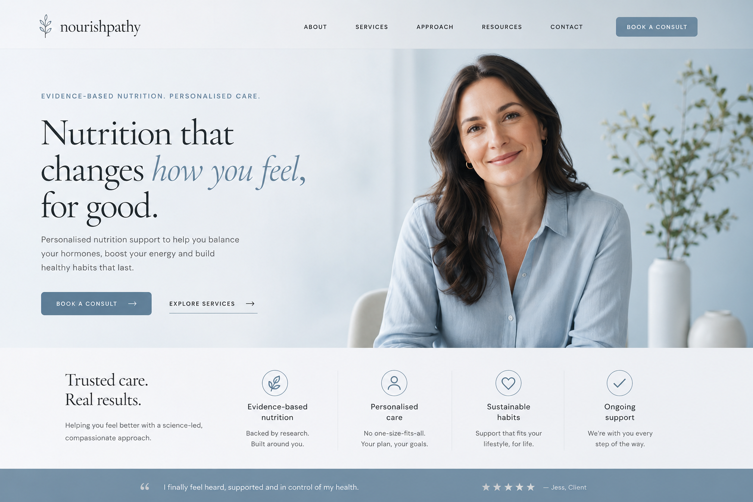 Nourishpathy practitioner website after the Make It Media redesign